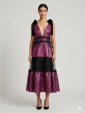 Designer Metallic Pink & Black Sleeveless Tiered Tulle Maxi Dress - 6-8US 🇨🇦